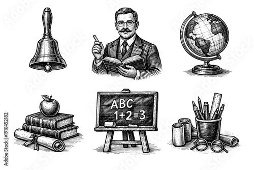 Vintage education engraving set, school and university sketches in woodcut style isolated on white