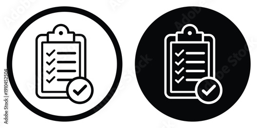 Professional clipboard with checkmarks vector icon. Set in circular frames with contrasting black and white styles. Suitable for business tasks, completed projects, and quality control.