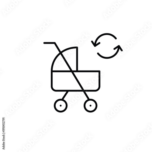 Stroller and renew arrows. Newborn update, baby care and goods refresh. Pixel perfect, editable stroke vector icon