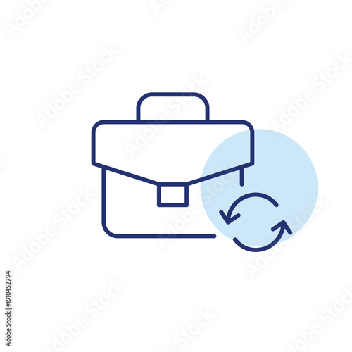 Briefcase and renew arrows. Workflow update, business cycle, career renewal and hiring. Pixel perfect, editable stroke vector icon
