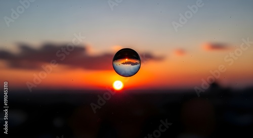 A transparent lens ball floats against a stunning sunset backdrop, reflecting the colorful sky and clouds while the glowing sun sits low on the horizon, creating a captivating visual contrast between 