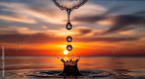 A sequence of falling water drops reflects the fiery orange and golden hues of a sunset sky above a calm sea, creating a stunning visual as the lowest drop forms a crown-shaped splash on the water’s s