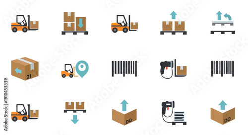 Logistics and Shipping Icons Set Forklift Boxes Barcode.