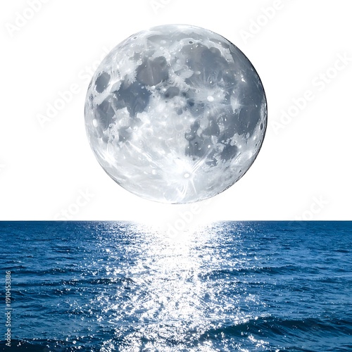 Full moon mirroring light on the ocean waves creating a celestial, dreamy effect