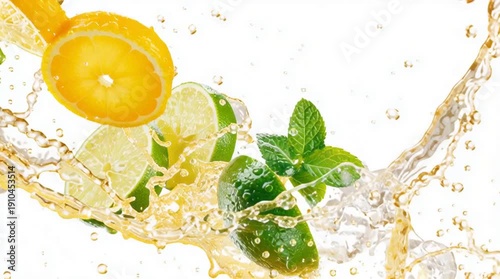 Fresh lime and citrus fruit slices splashing into cold liquid with water drops and ice for a healthy fresh drink isolated on white