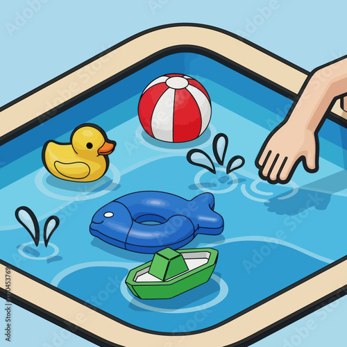 Hand Reaching into Water with Toys.