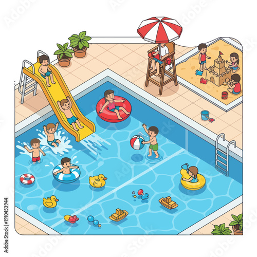 Children Playing in Swimming Pool Scene.