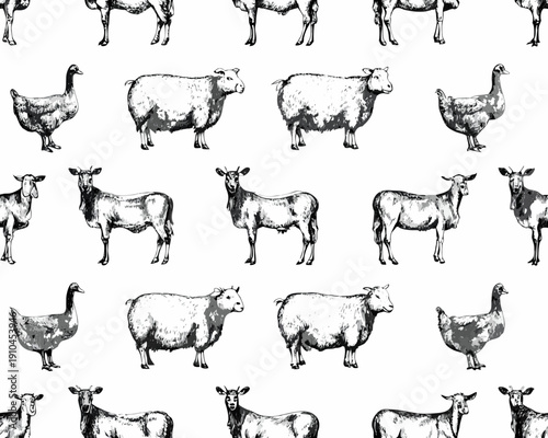 Vintage illustration of repeating farm animals sheep goats and geese