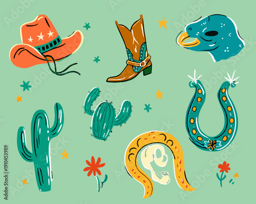 A colorful illustration featuring western themed objects and desert plants