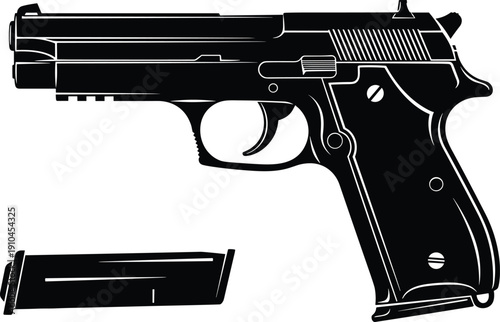 Black silhouette of a semi-automatic pistol with an attached magazine viewed from the side against a white background illustrating firearm components