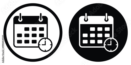 Minimalist calendar vector icon in circular frames. Featuring a clean flip-style organizer symbol in both outline and solid black versions. Perfect for scheduling, dates, and planning UI.