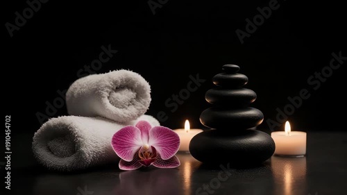 Spa Setting with Towels Candles and Stones.