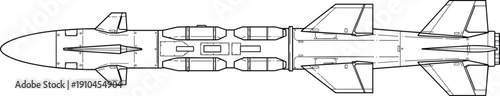 Detailed top-down schematic blueprint of a futuristic rocket or spacecraft with fins and internal compartments
