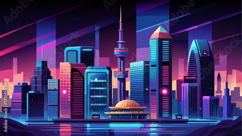 Flat illustration of futuristic neon city skyline at night with skyscrapers and reflections on water