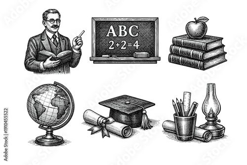 Vintage education engraving set, school and university sketches in woodcut style isolated on white