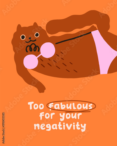 Greeting card design with cute cat in bikini. Postcard with funny kitty in swimwear. Layout with comic phrase and lazy kitten in swimsuit. Humorous animal on vacations. Flat vector illustration