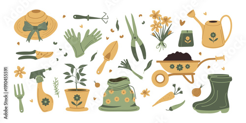 Hand-drawn set of garden tools with plants, vegetables, and seeds in a  doodle style. Vector design