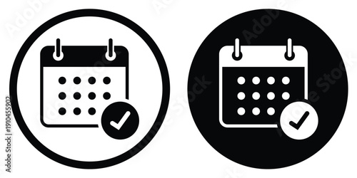 Calendar vector icon with a confirmed checkmark symbol. Set in black and white circular frames. Suitable for verified dates, completed appointments, and successful project scheduling.
