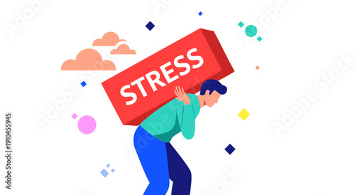 Stress burden illustration vector art, depicting an individual carrying heavy stress block on shoulders, conceptual graphic