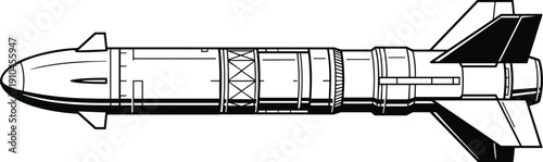 Side profile technical schematic blueprint of a rocket or missile showing internal structure and aerodynamic fins