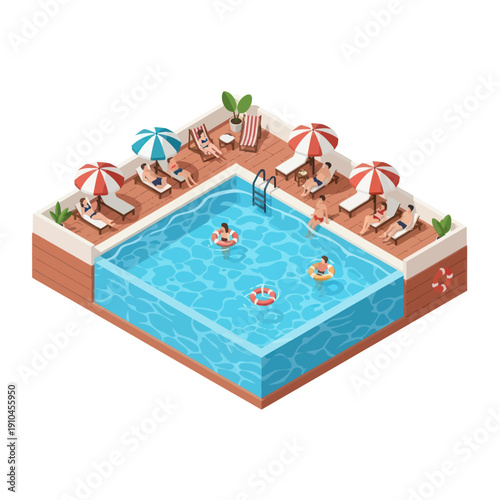 Isometric Pool Scene with People Relaxing.