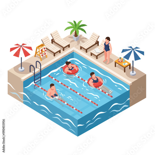 People Swimming in Pool with Lifebuoys.