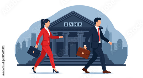Business People Walking From Bank Building Vector Illustration