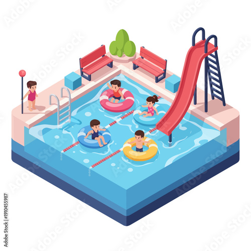 Children Playing in Swimming Pool with Slide.
