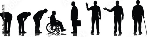 Silhouette figures depicting a progression of human life stages and activities from bending to standing and mobility assistance