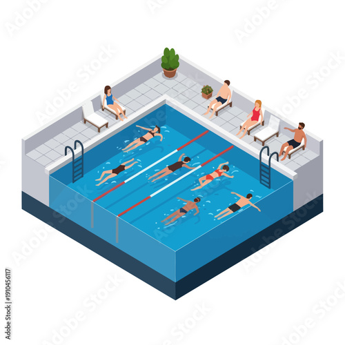 Swimmers in an Outdoor Swimming Pool Scene.