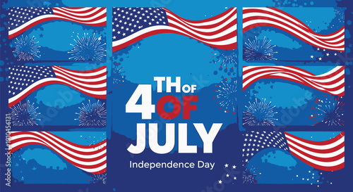 4th of July patriotic banner with American flags and fireworks, Independence Day celebration background, USA flag waving or patriotic poster