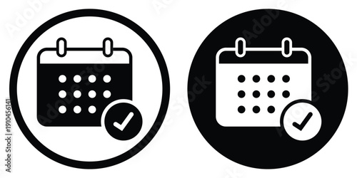 Calendar vector icon with a confirmed checkmark symbol. Set in black and white circular frames. Suitable for verified dates, completed appointments, and successful project scheduling.