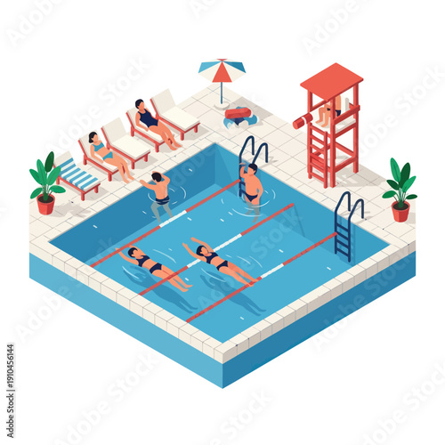 Swimming Pool Scene with People Relaxing.
