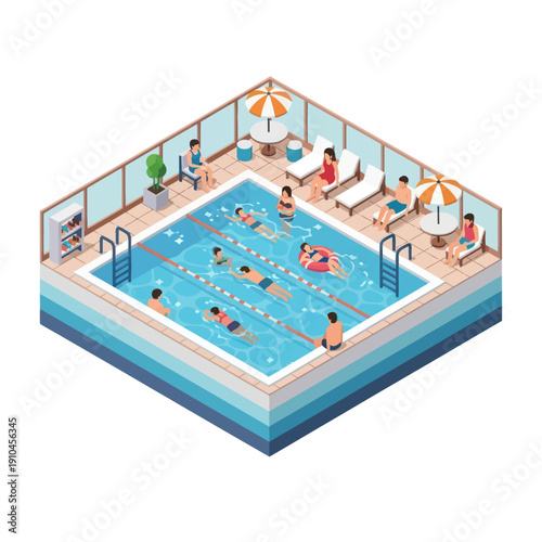 Swimming Pool Scene with People Relaxing.