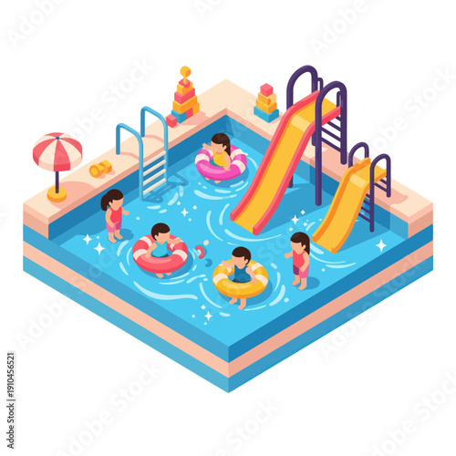 Children Playing in Swimming Pool with Water Slide.
