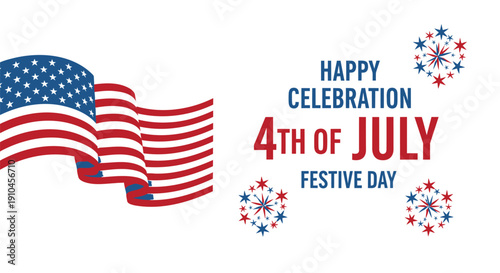 4th of July celebration banner with American flag and fireworks, patriotic vector illustration for poster or social media
