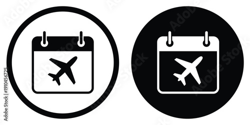 Calendar vector icon featuring an airplane symbol. Includes outline and solid versions in circular frames. Ideal for flight booking, vacation planning, travel dates, and tourism apps.