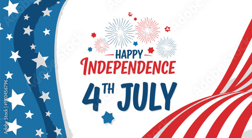 Happy Independence 4th July vector banner with fireworks and stars, American flag colors, for website or social media overlay