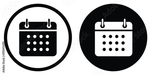 Minimalist calendar vector icon in circular frames. Featuring a clean flip-style organizer symbol in both outline and solid black versions. Perfect for scheduling, dates, and planning UI.