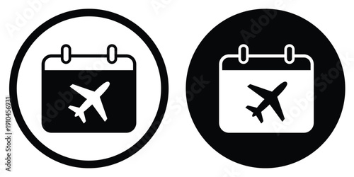 Calendar vector icon featuring an airplane symbol. Includes outline and solid versions in circular frames. Ideal for flight booking, vacation planning, travel dates, and tourism apps.