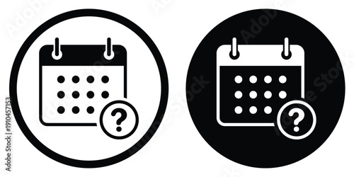 Calendar icon with a question mark symbol. Vector graphic representing unknown dates, pending schedules, tentative appointments, or inquiry for event planning in circular frames.