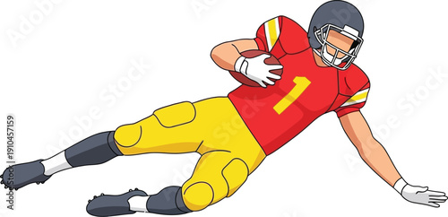 American football player wearing a red and yellow uniform runs while clutching the ball during game action.