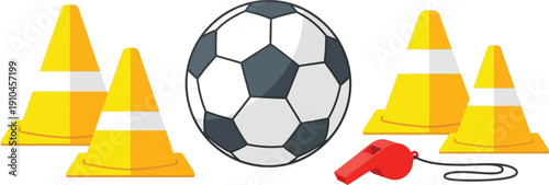 A soccer ball, training cones, and a whistle represent necessary equipment for football drills and coaching sessions.