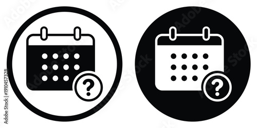 Calendar icon with a question mark symbol. Vector graphic representing unknown dates, pending schedules, tentative appointments, or inquiry for event planning in circular frames.