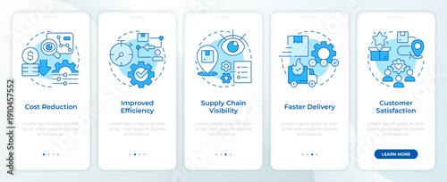 Supply chain management benefits blue onboarding mobile app screen. Walkthrough 5 steps editable graphic instructions with linear concepts. UI, UX, GUI. Montserrat SemiBold, Regular fonts used