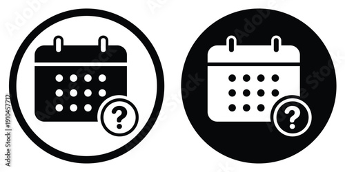 Calendar icon with a question mark symbol. Vector graphic representing unknown dates, pending schedules, tentative appointments, or inquiry for event planning in circular frames.
