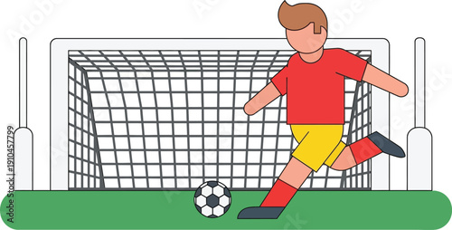 Soccer player in a red shirt prepares to shoot a black and white ball toward a large goal net on a grass pitch.