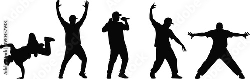 Silhouette group of five hip-hop performers with breakdance, rap, and dance poses, artistic vector illustration representing street culture, music, and urban performance themes