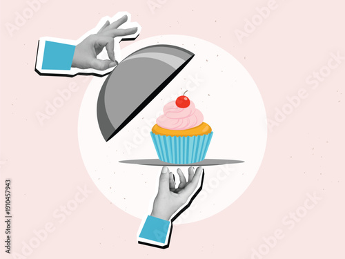 Black and white hands remove the lid from an cloche with a cupcake. Modern collage style. Vector illustration