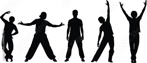 Silhouette group of five individuals in expressive dance and movement poses, artistic vector illustration representing choreography, fitness, performance, and creative motion themes